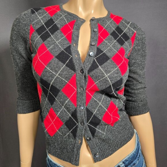 Y2K Argyle Lambs Wool Cardigan Size S Gray Fitted Preppy Academia Emo Punk 2000s - Picture 1 of 9